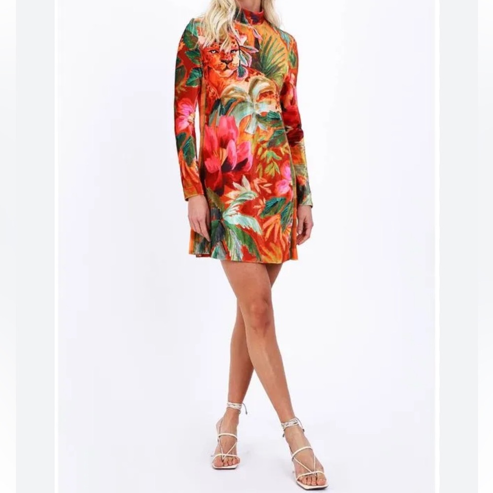 FARM Rio NWT Painted Velvet Mini Dress X Small Orange Leopard Floral Long Sleeve